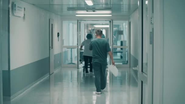 Corridoio ospedaliero con un gruppo di medici che se ne vanno — Video Stock