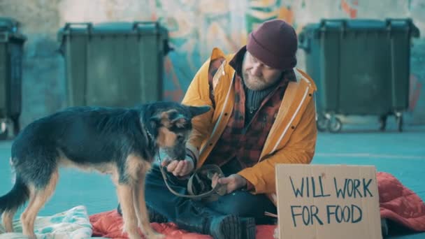 Bezdomny karmi psa siedząc na ziemi. — Wideo stockowe