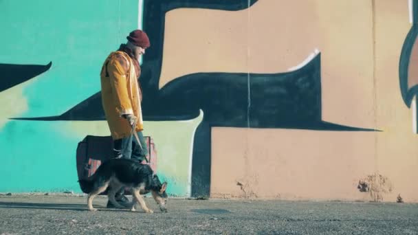 Graffiti muur met een zwerver die er langs loopt met zijn hond — Stockvideo