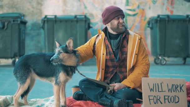 Trash bins with a homeless man and his dog nearby — Stock Video