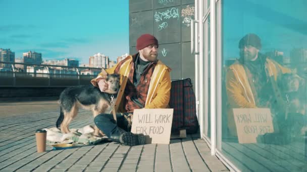 Ένας άστεγος κάθεται στο δρόμο και χαϊδεύει ένα σκύλο. — Αρχείο Βίντεο