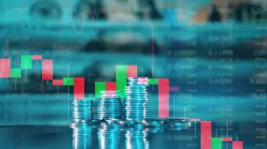 Graphs of stock rates and money images on a multilayered display