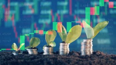Dynamic stock rates, coins and plants on a multilayered display