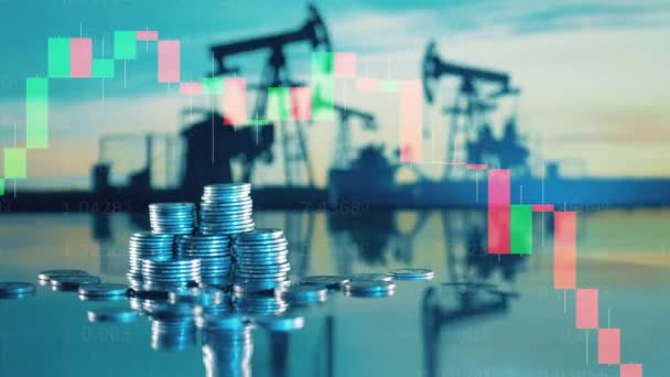 Stock graphs with money and oil pumpjacks in the background — Wideo stockowe