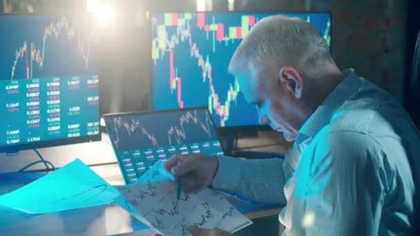 A stockbroker is looking at the report with stock information. Financial, investment, business concept. — Stock Video