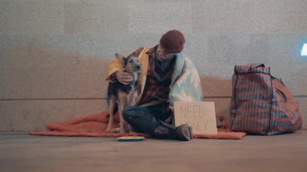 A beggar is stroking his dog while sitting on the ground — Stock video