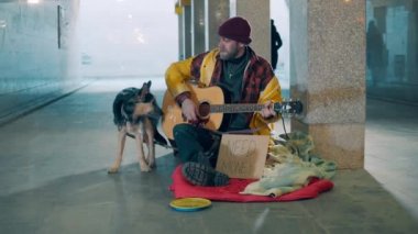 Altgeçitte gitar çalan bir yardımsever ve köpeği var.