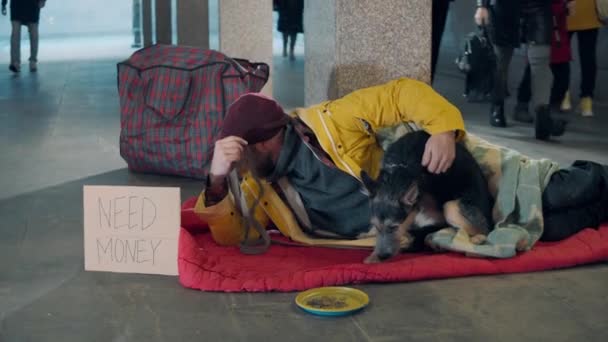 Бродяга и его собака отдыхают в подземном переходе — стоковое видео