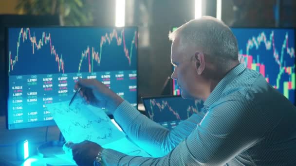 Aktiegrafer analyseras av en börsmäklare. — Stockvideo