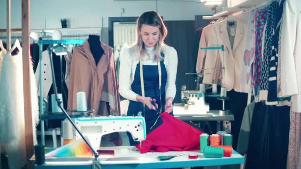 Femme designer coupe tissu dans le studio — Video