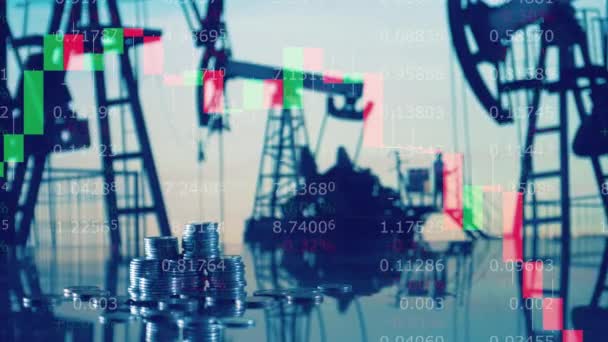 Stock charts, coins and pumpjacks on a multilayered screen — Stockvideo