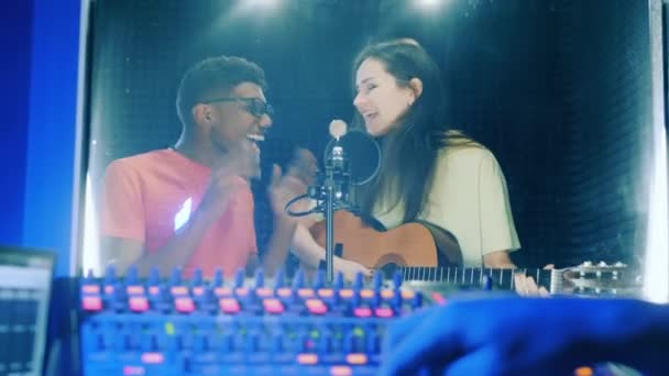 Recording Studio Two Young People Singing — Stockvideo