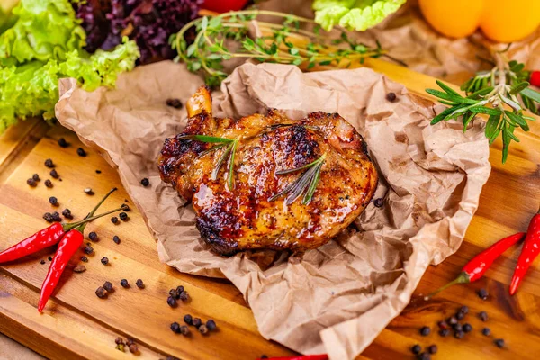 Grilled Pork Chop Spices Herbs Parchment Paper — Stock Photo, Image