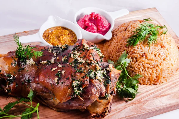 German Style Roasted Pork Hock Knuckle Shank Rice Wooden Cutting — Stock Photo, Image