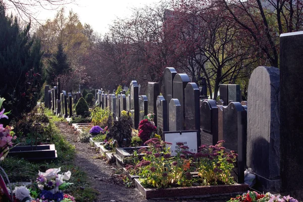 Общий вид захоронения на местном кладбище — стоковое фото