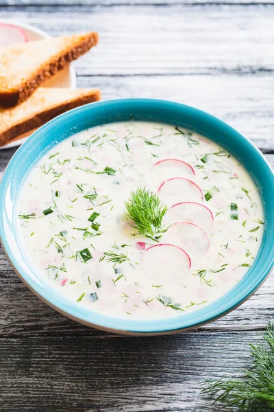 Summer yoghurt cold soup with radish, cucumber, potato and and sausage. Okroshka. Summer cold soup