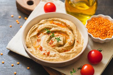 hummus (pate, pasta, dip) of lentils or daal. Red lentils and lentil hummus