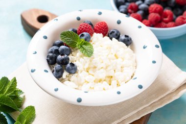 Böğürtlenli ve naneli ev yapımı süzme peynir. Kase içinde süzme peynir. Süt ürünleri.