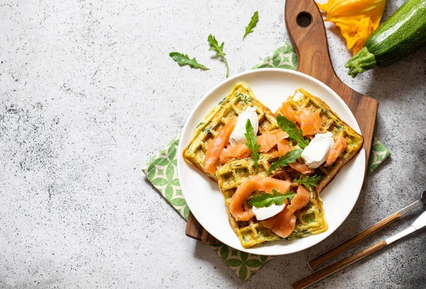 Belgian Waffles Zucchini Greens Cottage Cheese Salted Salmon — стоковое фото