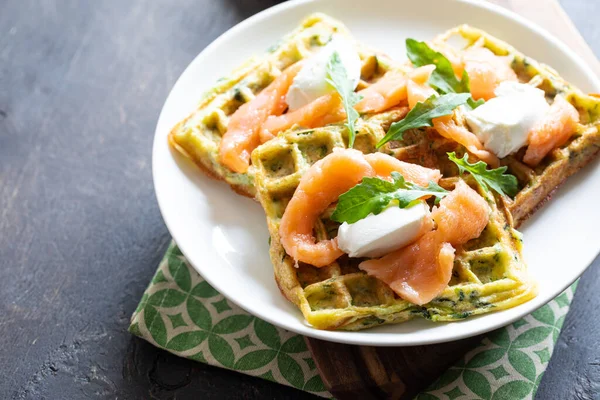 Belgian waffles with zucchini and greens with cottage cheese and salted salmon.