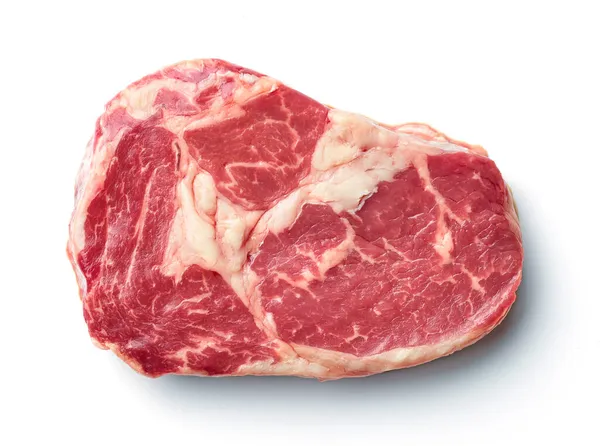 Bife Cru Entrecote Isolado Fundo Branco Vista Superior — Fotografia de Stock