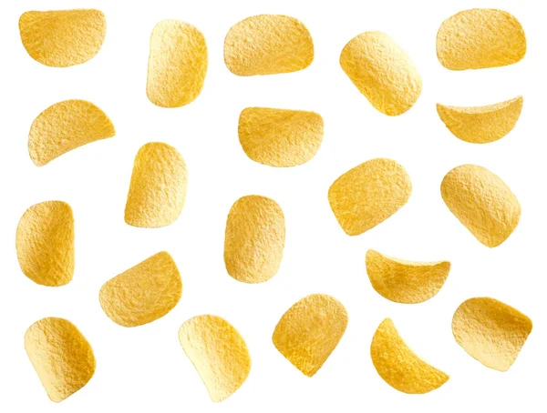 Chips Basis Van Gezouten Aardappelen Die Lucht Vliegen Geïsoleerd Witte — Stockfoto