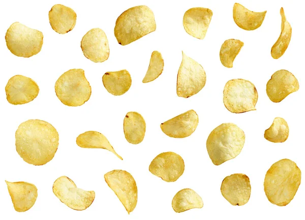 Patatas Fritas Saladas Volando Aire Aisladas Sobre Fondo Blanco — Foto de Stock