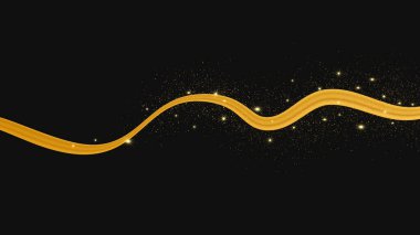 Koyu arkaplanda parlak ve parıltılı bir etkisi olan altın dalga. Parıltılı parıltılı altın dalga çizgileri