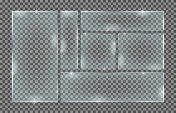 透明な背景に隔離された長方形のガラスプレートのセット 反射や光の効果を持つベクトルガラス — ストックベクタ