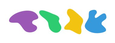 Renkli sıvı damlacıklar. Bir dizi düzensiz akışkan şekil. Basit yuvarlak pürüzsüz su formlarının vektör siluetleri