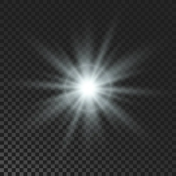 輝く星 白い輝くちらつきと暗い透明な背景に光を点滅させます 光線とフレア効果によるベクトル爆発 — ストックベクタ