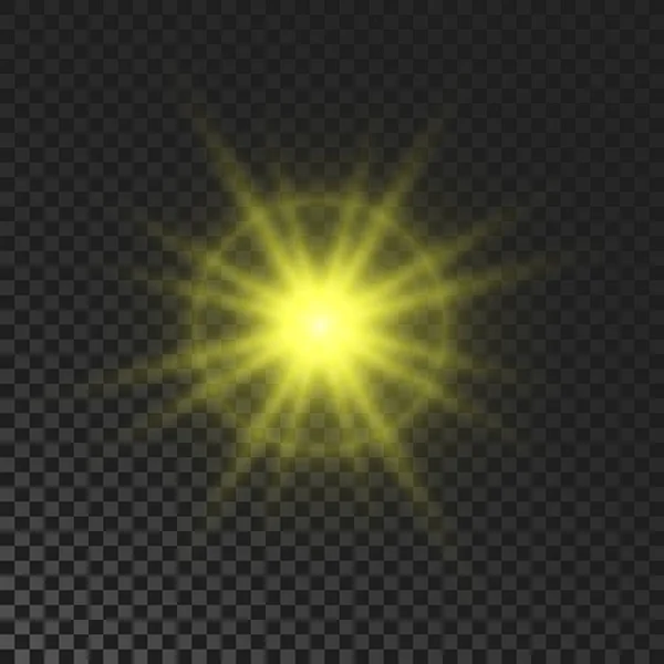 Sparkling Star Yellow Glowing Flickering Flashing Light Dark Transparent Background — Stock Vector
