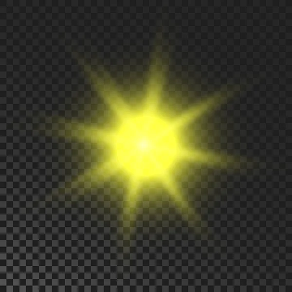 Sparkling Star Yellow Glowing Flickering Flashing Light Dark Transparent Background — Vector de stock