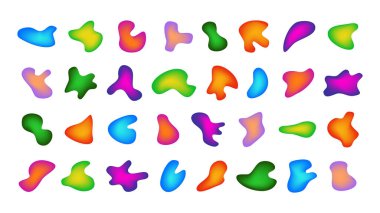 Kademeli sıvı damlaları. Büyük bir grup absrtact düzensiz sıvı şekilleri. Basit yuvarlak pürüzsüz su formlarının vektör siluetleri