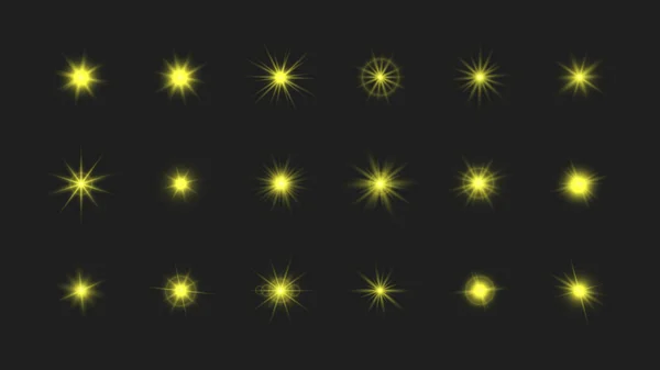 Big Set Sparkling Stars Yellow Glowing Flickering Flashing Lights Dark — Vector de stock