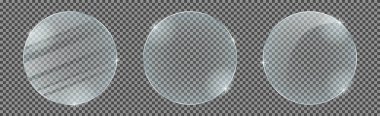 Set of circle glass plates isolated on a transparent background. Vector glass with reflection and lights effects