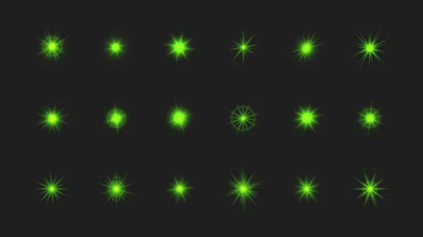 Big Set Sparkling Stars Green Glowing Flickering Flashing Lights Dark — Wektor stockowy