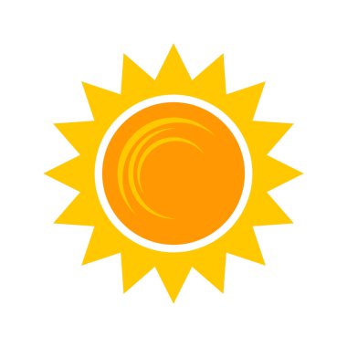 Yellow shining sun icon. Vector summer symbol, isolated nature sky object on white background