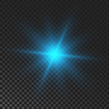 Parlayan yıldız. Koyu şeffaf arkaplanda yanıp sönen mavi ışıklar. Işınlar ve işaret fişeği etkisiyle vektör patlaması