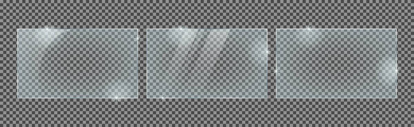 Set of rectangle glass plates isolated on a transparent background. Vector glass with reflection and lights effects