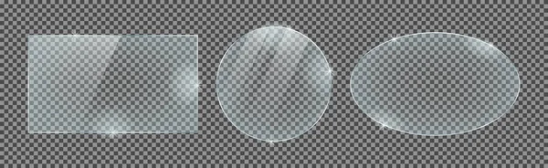 Set Glass Plates Isolated Transparent Background Vector Glass Reflection Lights — Stockvector