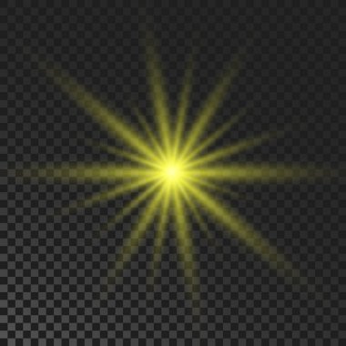 Parlayan yıldız. Koyu şeffaf arka planda yanıp sönen sarı ışıklar. Işınlar ve işaret fişeği etkisiyle vektör patlaması