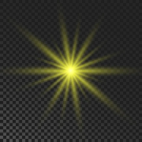 Sparkling Star Yellow Glowing Flickering Flashing Light Dark Transparent Background — Image vectorielle
