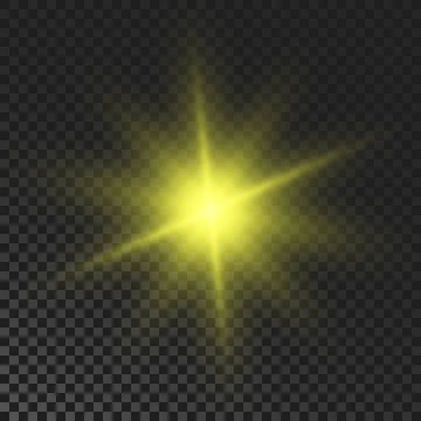 Sparkling Star Yellow Glowing Flickering Flashing Light Dark Transparent Background — Vetor de Stock