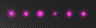 Set of sparkling stars. Purple glowing flickering and flashing lights on dark transparent background. Vector explosions with rays and flare effect