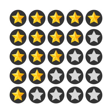 Set of ratings from one to five stars. Yellow rating stars in dark circles backgrounds. Feedback evaluation in vector