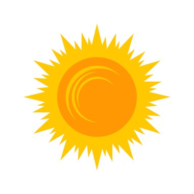 Yellow shining sun icon. Vector summer symbol, isolated nature sky object on white background