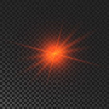 Sparkling star. Red glowing flickering and flashing light on dark transparent background. Vector explosion with rays and flare effect