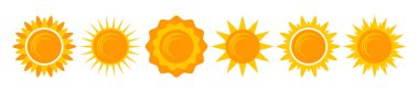 Yellow shining sun icons set. Vector summer symbols, isolated nature sky objects on white background