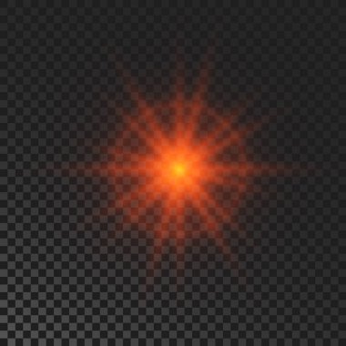 Sparkling star. Red glowing flickering and flashing light on dark transparent background. Vector explosion with rays and flare effect